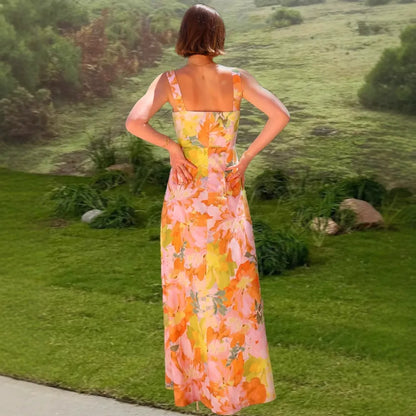Square Neck Wide Strap Abstract Floral Print Maxi Dress