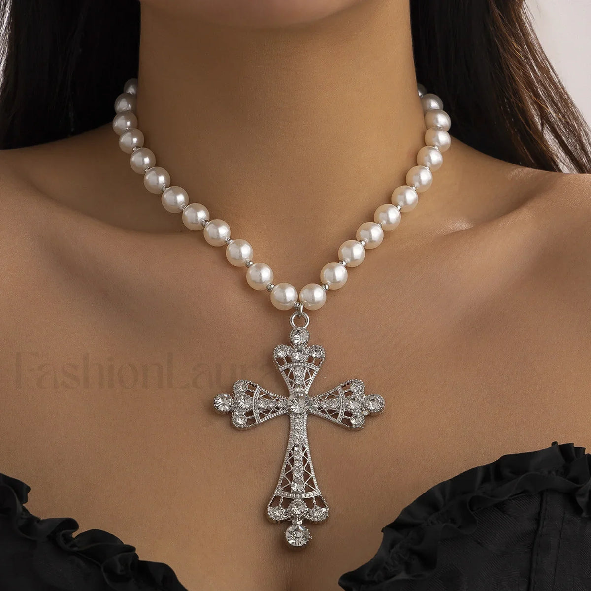 Imitation Pearl Gothic Pendant Cross Necklace