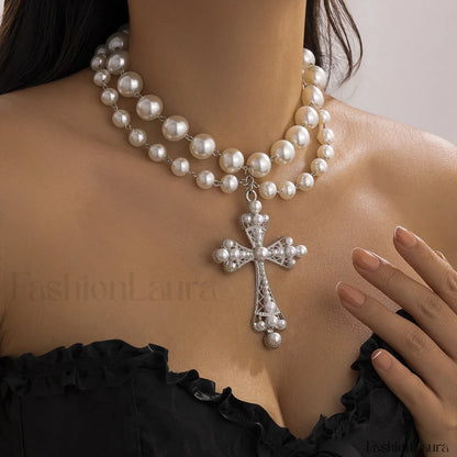 Imitation Pearl Gothic Pendant Cross Necklace