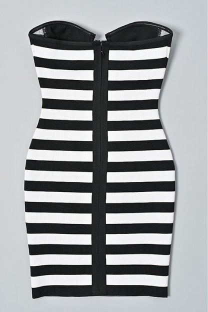Classic Black Strapless Sweetheart Striped Bandage Mini Dress