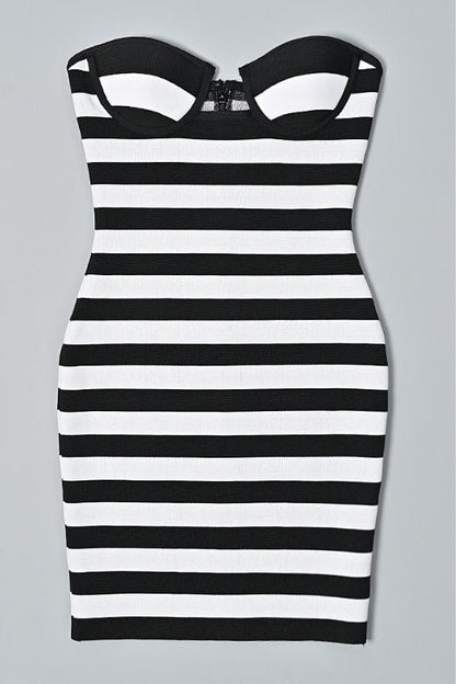 Classic Black Strapless Sweetheart Striped Bandage Mini Dress