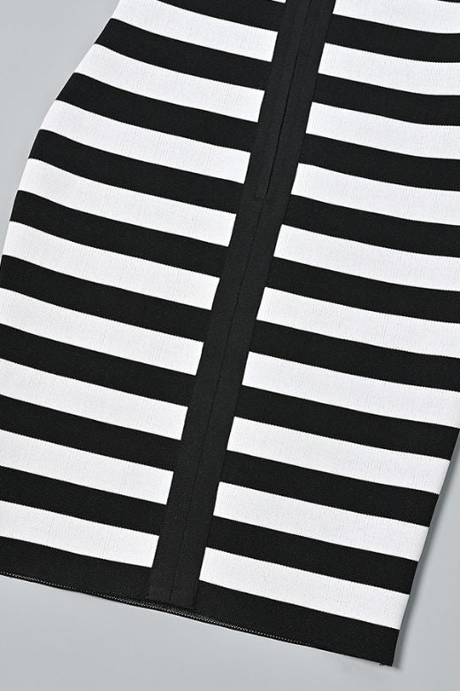 Classic Black Strapless Sweetheart Striped Bandage Mini Dress