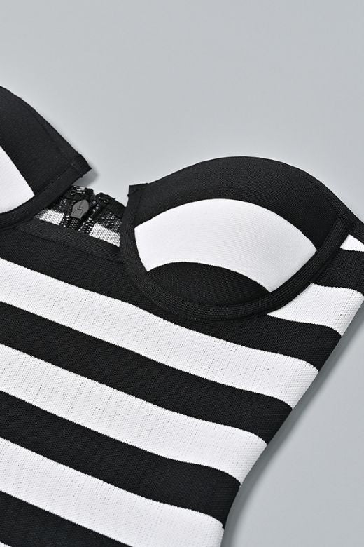 Classic Black Strapless Sweetheart Striped Bandage Mini Dress