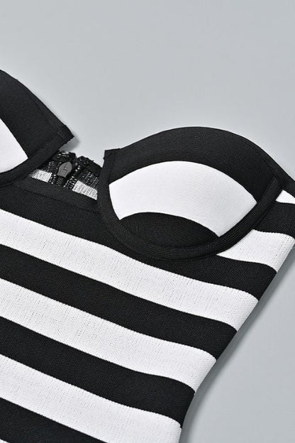 Classic Black Strapless Sweetheart Striped Bandage Mini Dress