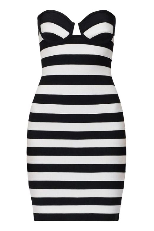 Classic Black Strapless Sweetheart Striped Bandage Mini Dress