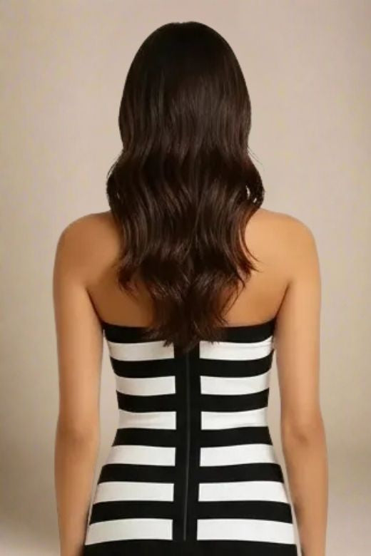 Classic Black Strapless Sweetheart Striped Bandage Mini Dress