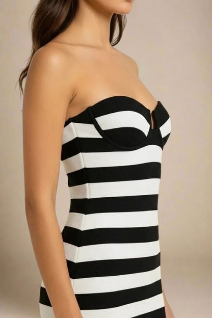 Classic Black Strapless Sweetheart Striped Bandage Mini Dress