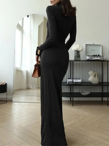 Mock Neck Long Sleeve Waist Knot Ruched High Split Column Maxi Dress
