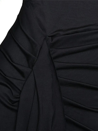 Mock Neck Long Sleeve Waist Knot Ruched High Split Column Maxi Dress