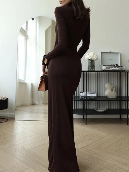 Mock Neck Long Sleeve Waist Knot Ruched High Split Column Maxi Dress