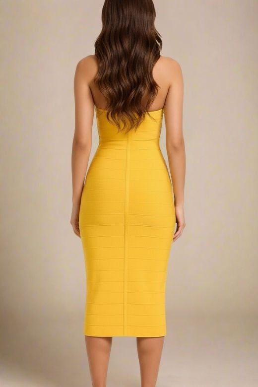 Mustard Yellow Halter Neck Corset Bustier Bandage Midi Dress