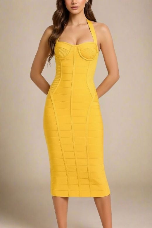Mustard Yellow Halter Neck Corset Bustier Bandage Midi Dress