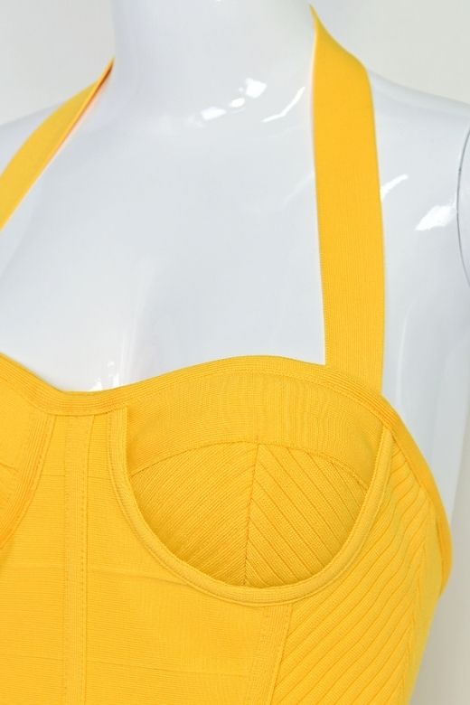 Mustard Yellow Halter Neck Corset Bustier Bandage Midi Dress
