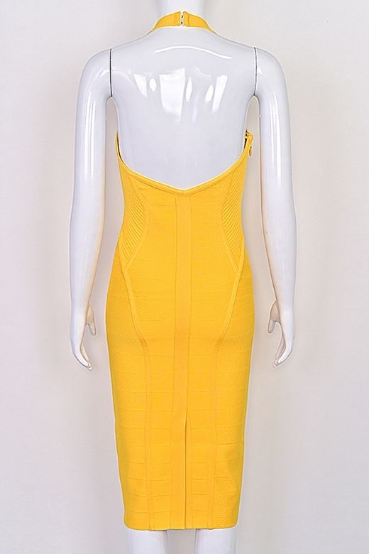Mustard Yellow Halter Neck Corset Bustier Bandage Midi Dress