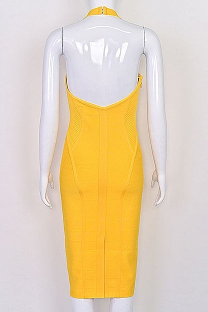 Mustard Yellow Halter Neck Corset Bustier Bandage Midi Dress