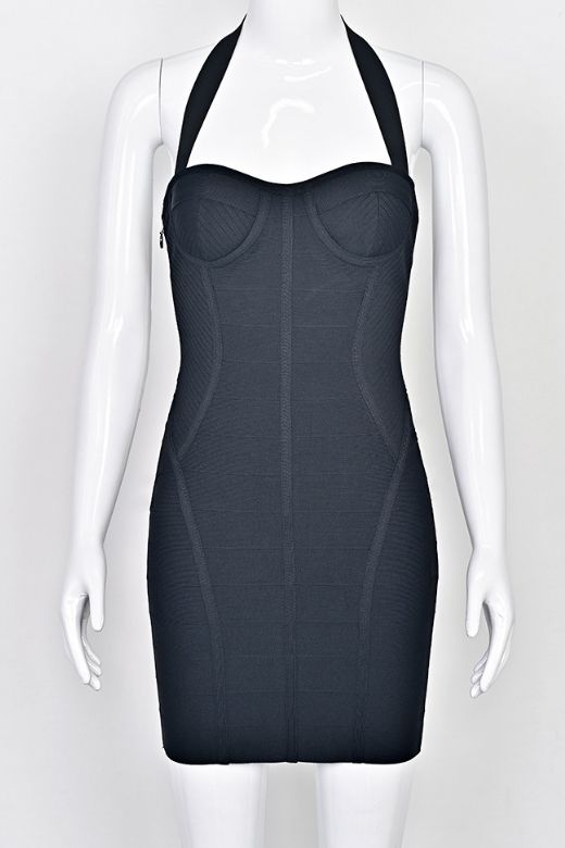 Classic Black Halter Neck Corset Bustier Bandage Mini Dress