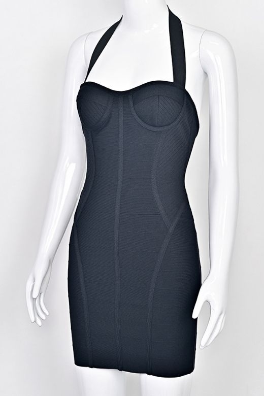 Classic Black Halter Neck Corset Bustier Bandage Mini Dress