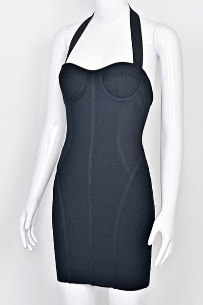 Classic Black Halter Neck Corset Bustier Bandage Mini Dress