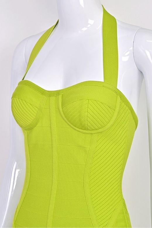 Neon Green Halter Neck Corset Bustier Bandage Mini Dress