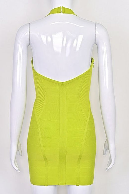 Neon Green Halter Neck Corset Bustier Bandage Mini Dress