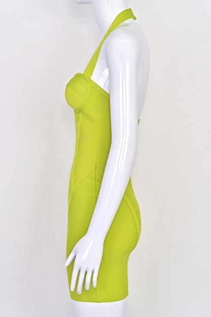 Neon Green Halter Neck Corset Bustier Bandage Mini Dress