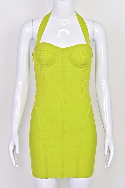 Neon Green Halter Neck Corset Bustier Bandage Mini Dress