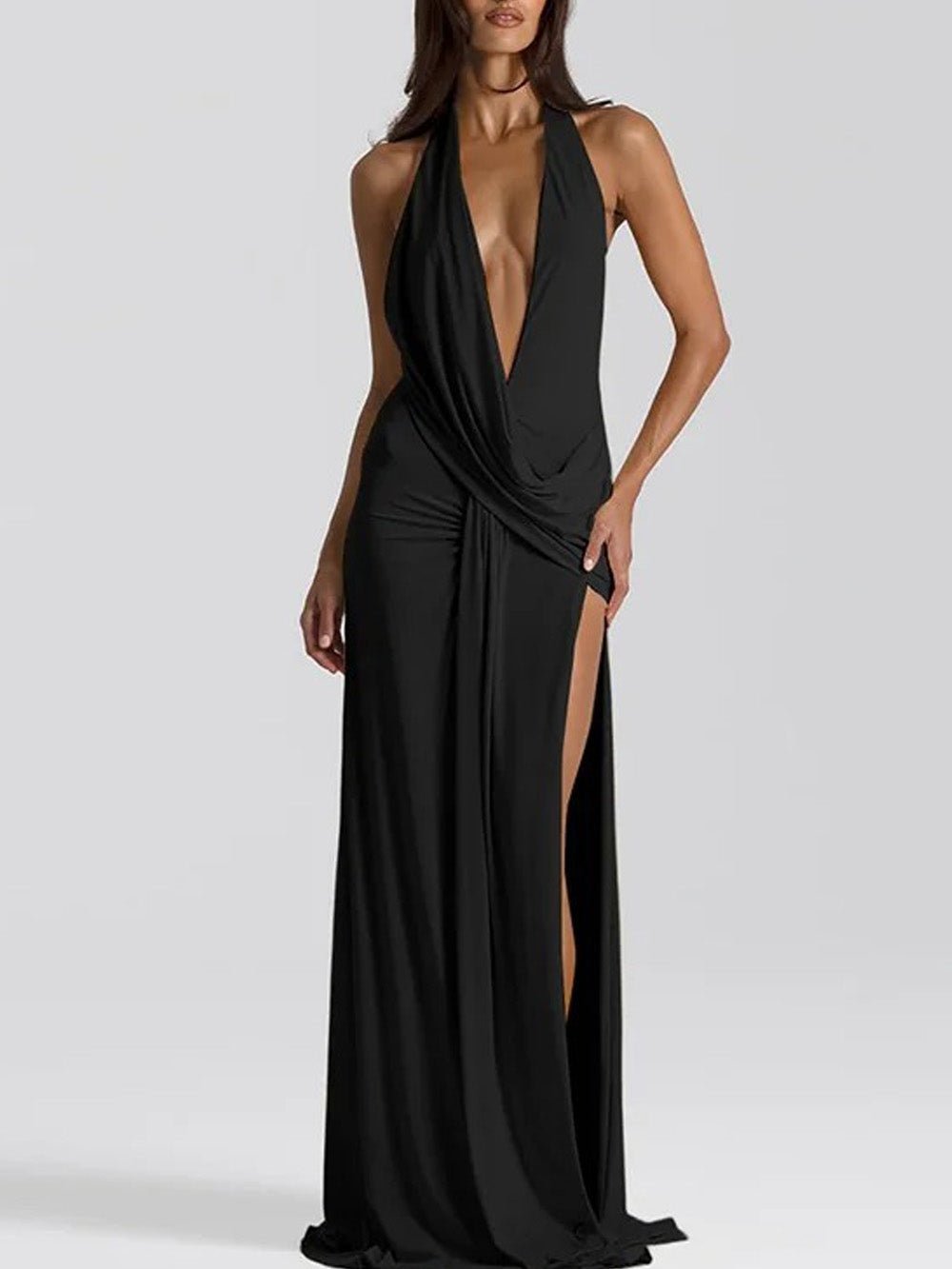 Black Satin Halter Neck Cowl Deep V-Neck Ruched High Split Maxi Dress
