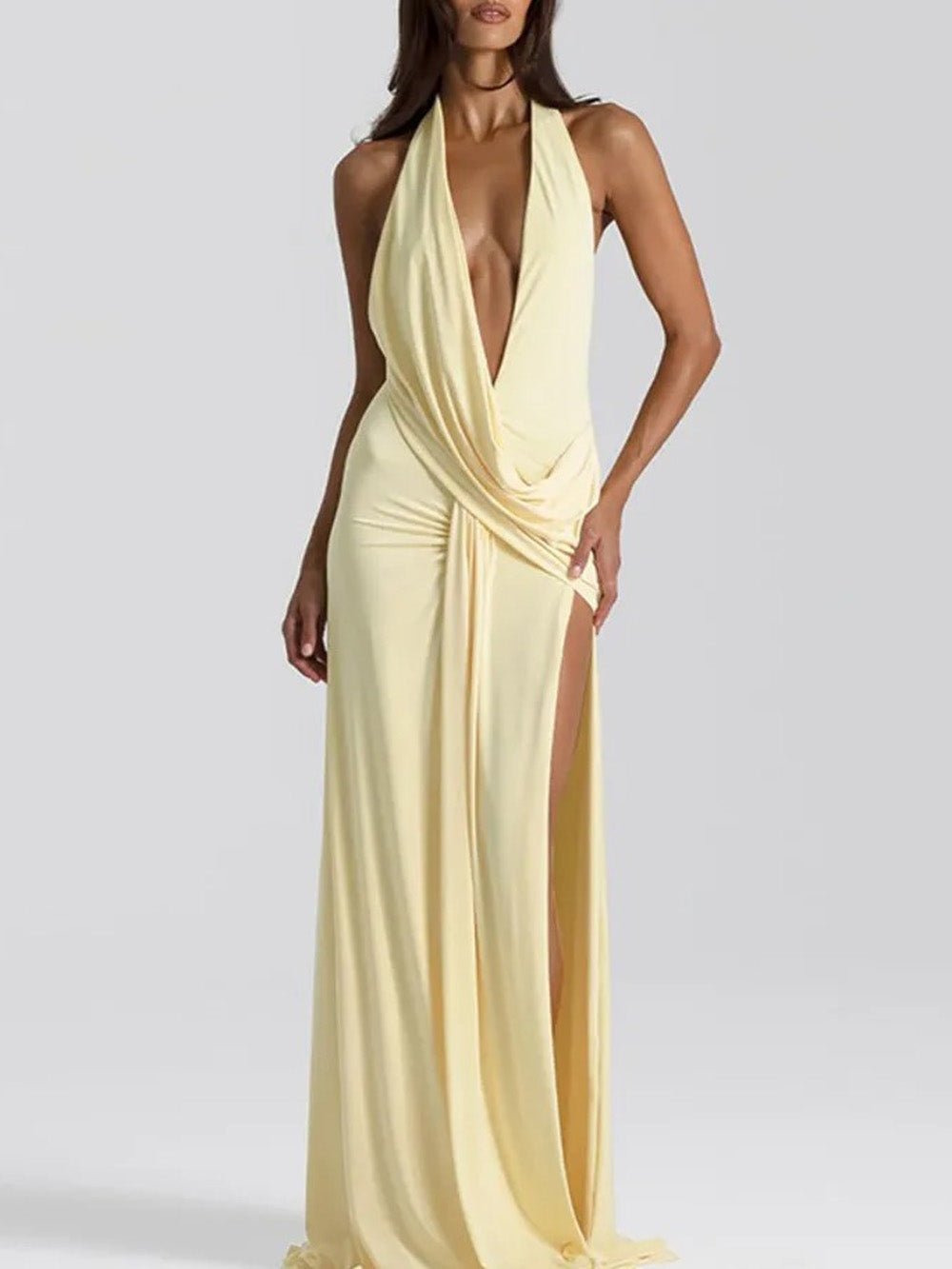 Yellow Satin Halter Neck Cowl Deep V-Neck Ruched High Split Maxi Dress