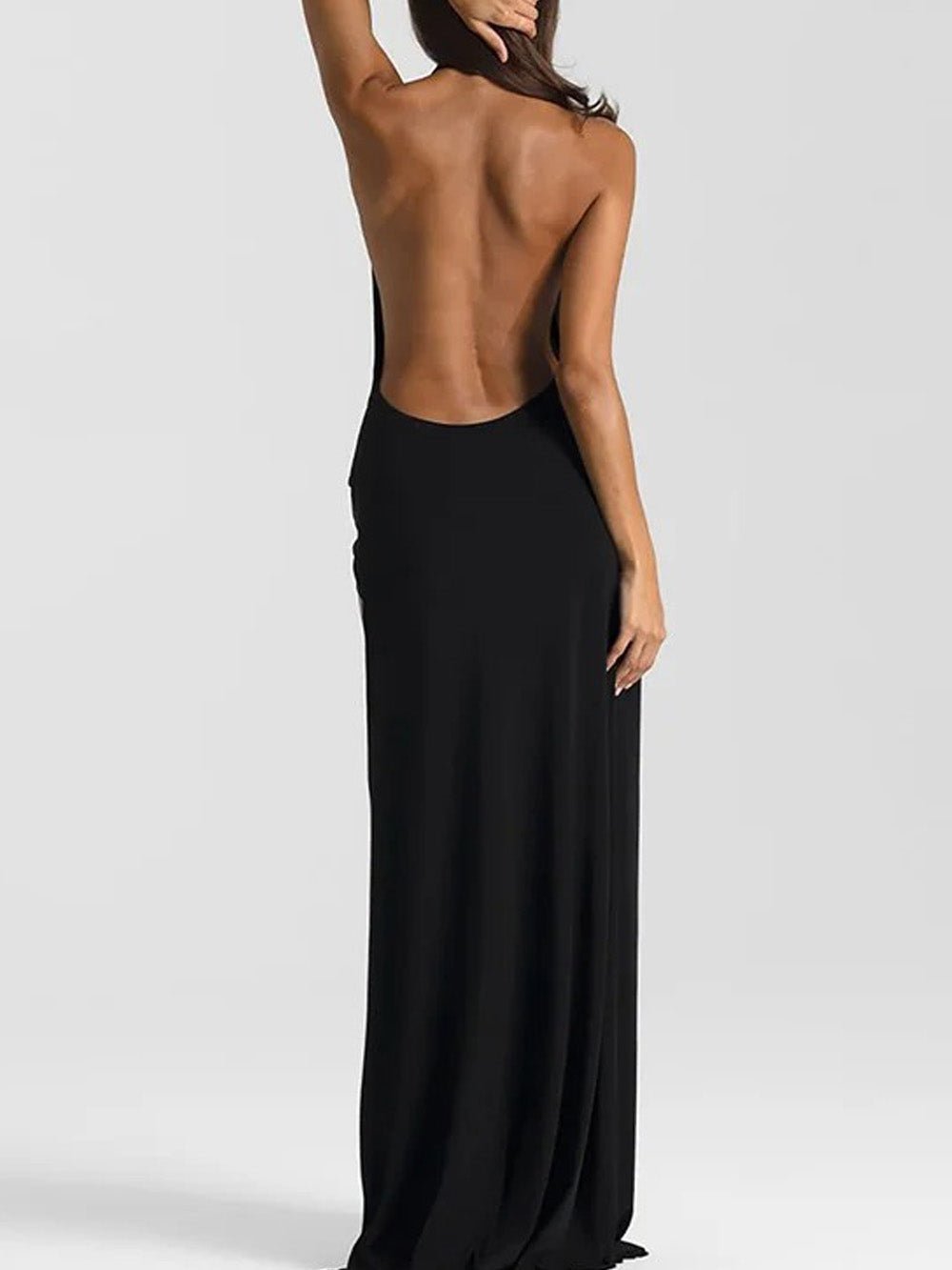 Black Satin Halter Neck Cowl Deep V-Neck Ruched High Split Maxi Dress