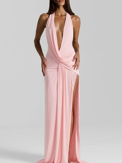 Pink Satin Halter Neck Cowl Deep V-Neck Ruched High Split Maxi Dress