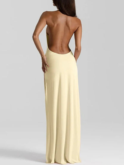 Yellow Satin Halter Neck Cowl Deep V-Neck Ruched High Split Maxi Dress