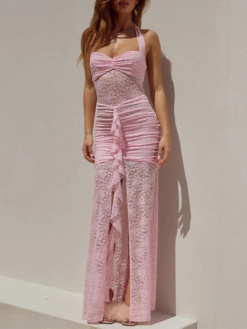 Pink Lace Halter Sweetheart Ruched Front Ruffle High Split Maxi Dress
