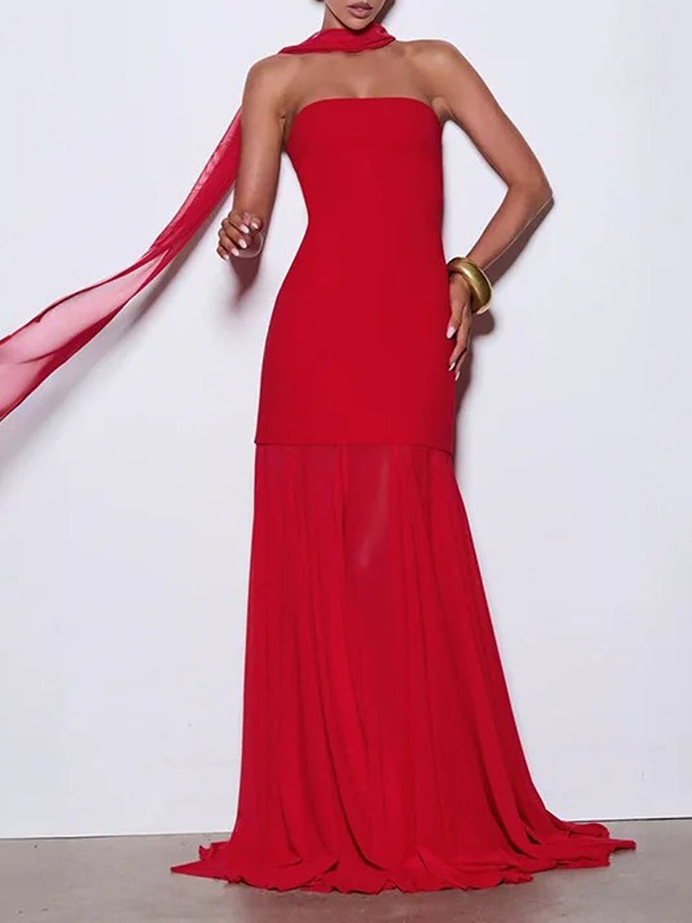 Red Strapless Neck Scarf Drape Pleated Mermaid Maxi Gown
