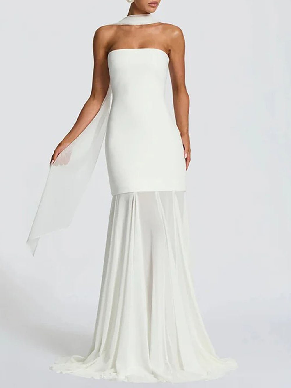 White Strapless Neck Scarf Drape Pleated Mermaid Maxi Gown