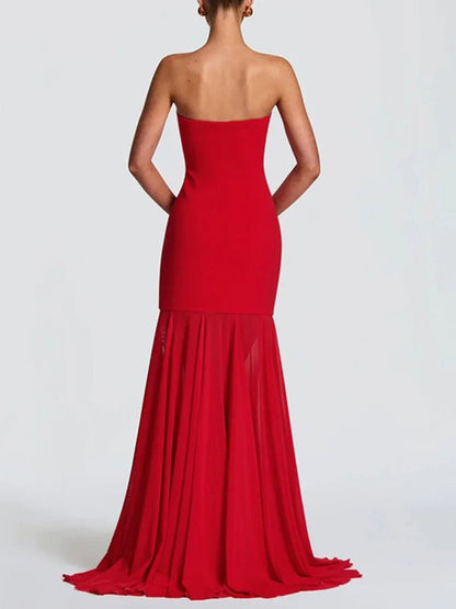 Red Strapless Neck Scarf Drape Pleated Mermaid Maxi Gown