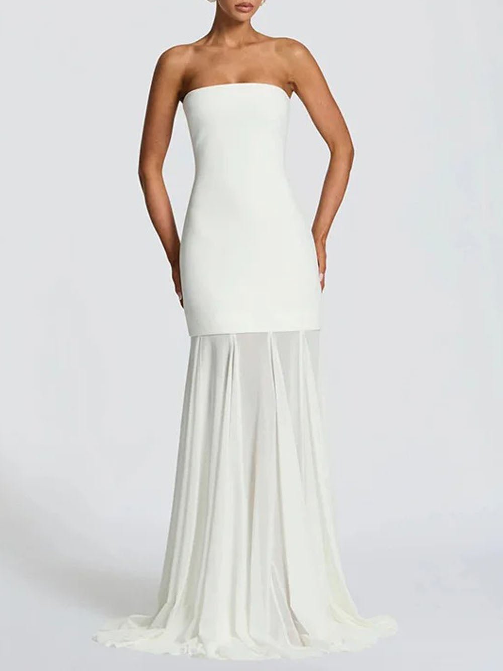White Strapless Neck Scarf Drape Pleated Mermaid Maxi Gown