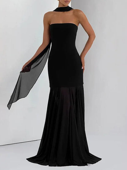 Black Strapless Neck Scarf Drape Pleated Mermaid Maxi Gown