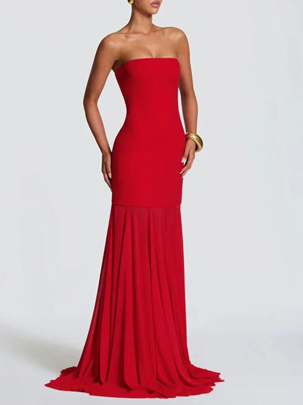Red Strapless Neck Scarf Drape Pleated Mermaid Maxi Gown