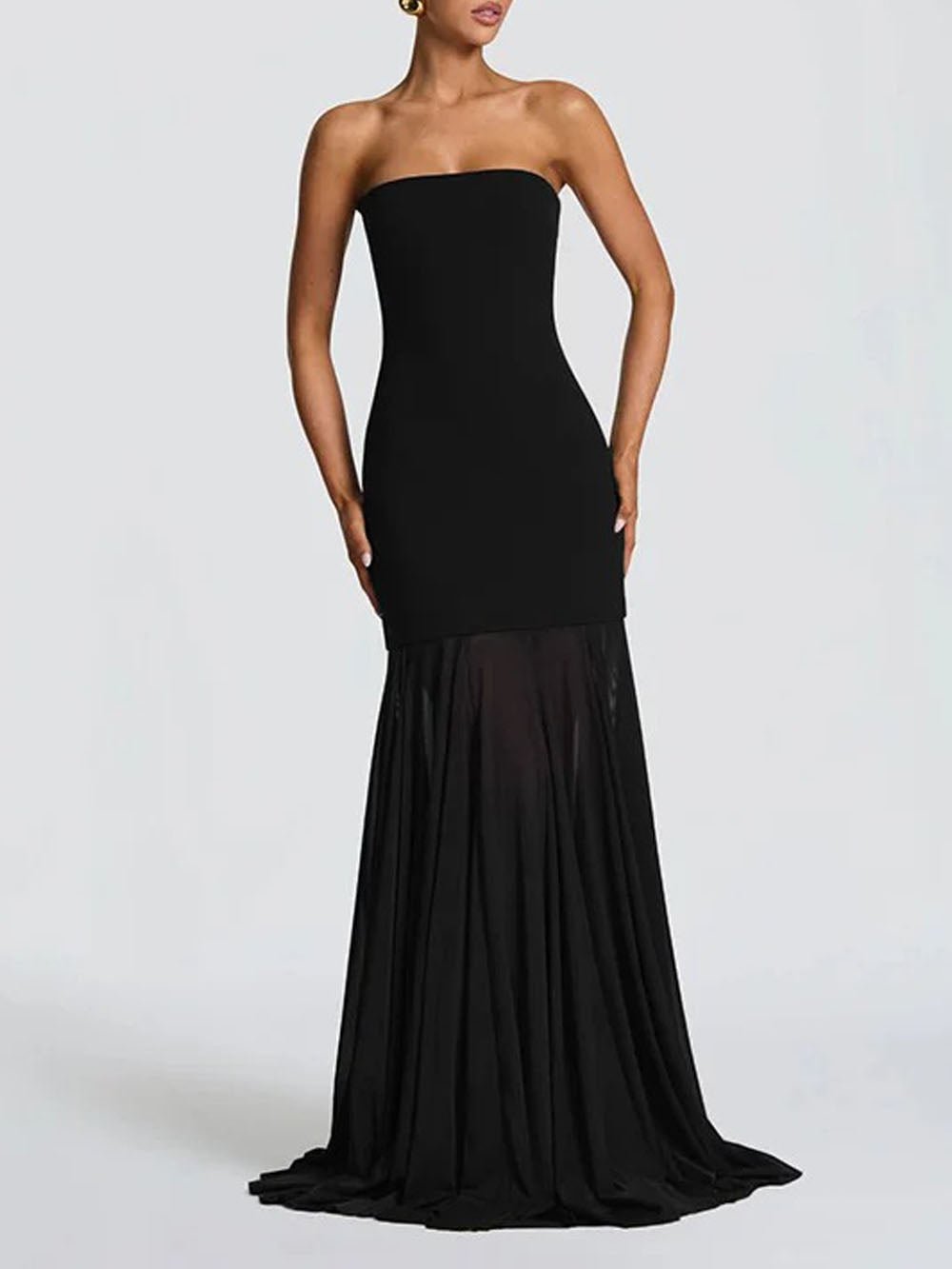 Black Strapless Neck Scarf Drape Pleated Mermaid Maxi Gown