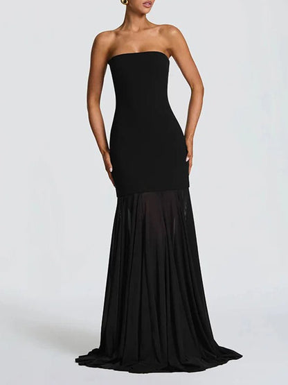 Black Strapless Neck Scarf Drape Pleated Mermaid Maxi Gown