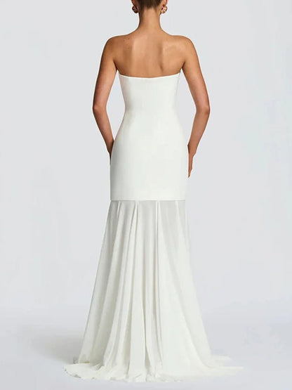 White Strapless Neck Scarf Drape Pleated Mermaid Maxi Gown