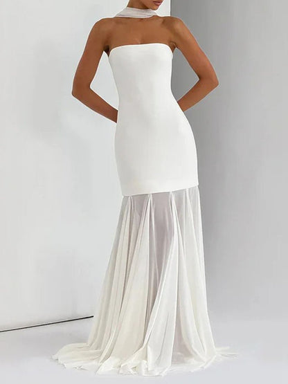 White Strapless Neck Scarf Drape Pleated Mermaid Maxi Gown