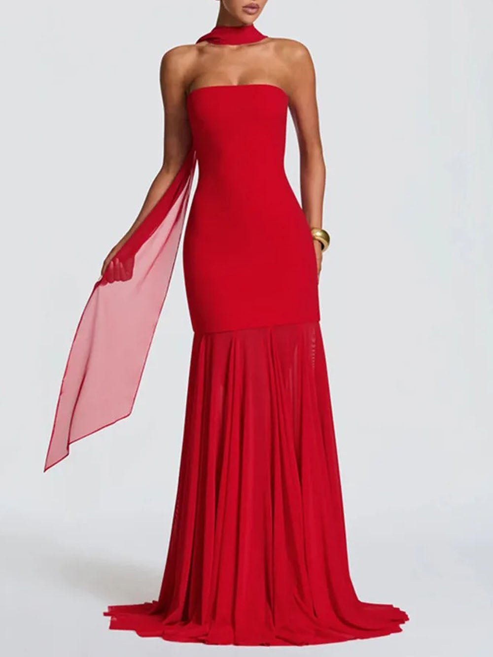 Red Strapless Neck Scarf Drape Pleated Mermaid Maxi Gown