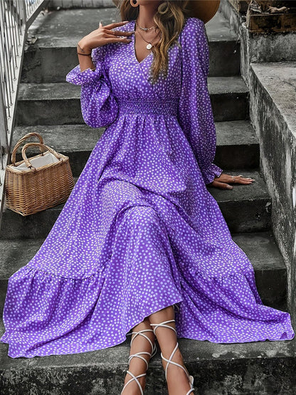 Purple Polka Dot Print Surplice V-Neck Smocked Waist Tiered Ruffle Maxi Dress