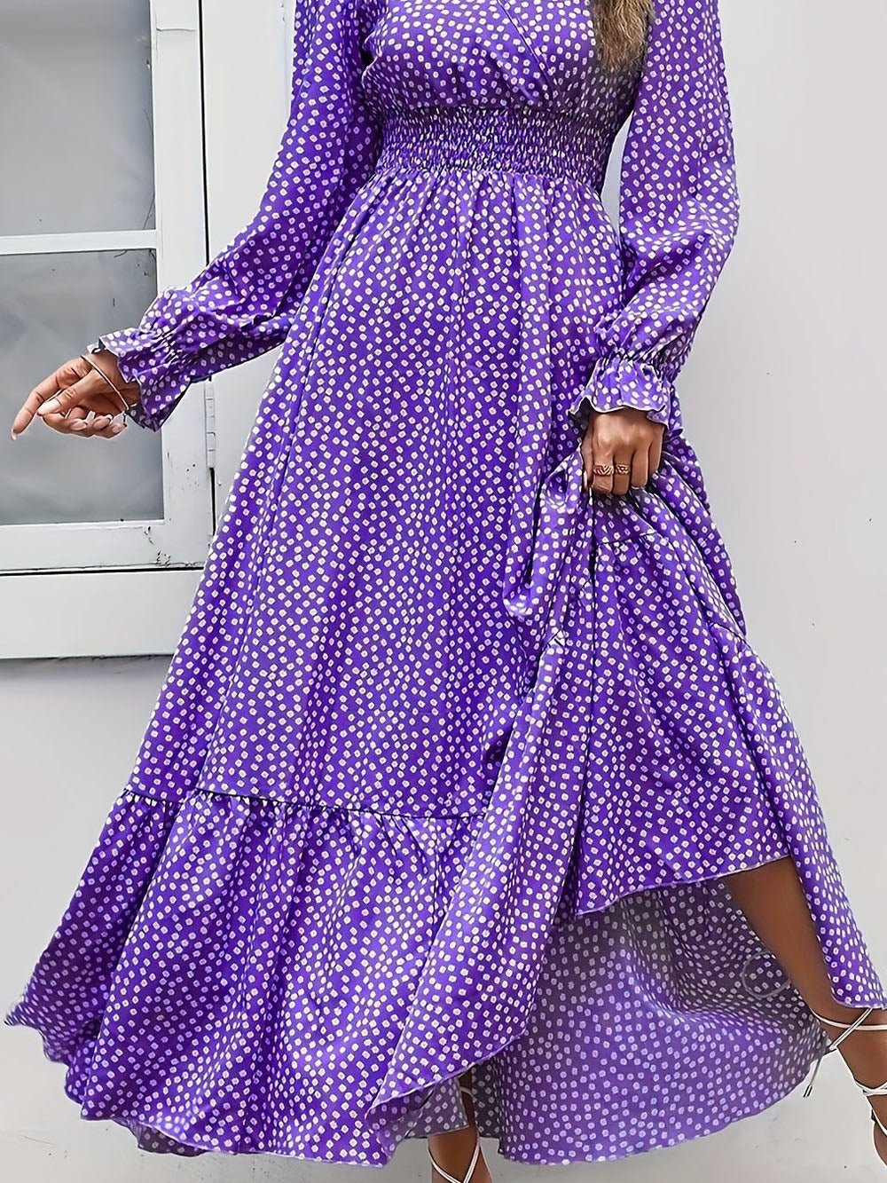 Purple Polka Dot Print Surplice V-Neck Smocked Waist Tiered Ruffle Maxi Dress