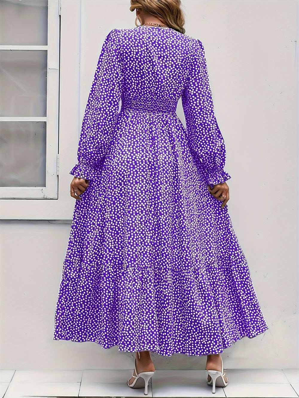 Purple Polka Dot Print Surplice V-Neck Smocked Waist Tiered Ruffle Maxi Dress