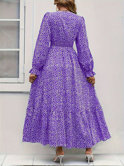 Purple Polka Dot Print Surplice V-Neck Smocked Waist Tiered Ruffle Maxi Dress
