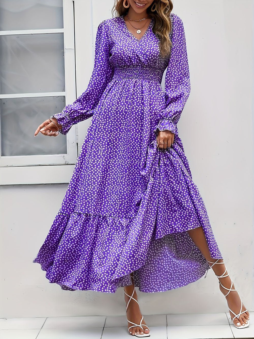 Purple Polka Dot Print Surplice V-Neck Smocked Waist Tiered Ruffle Maxi Dress