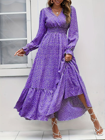Purple Polka Dot Print Surplice V-Neck Smocked Waist Tiered Ruffle Maxi Dress