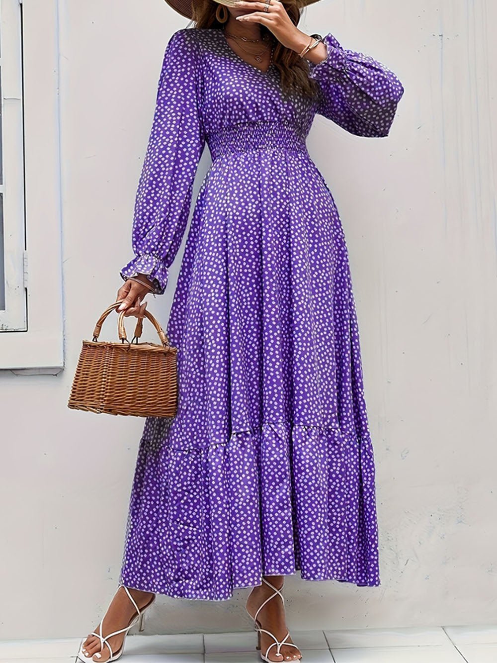 Purple Polka Dot Print Surplice V-Neck Smocked Waist Tiered Ruffle Maxi Dress